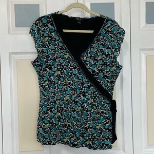 Style & Co. Blue and Green Floral Cap Sleeve Wrap Blouse Black Trim Bow‎ Sz XL